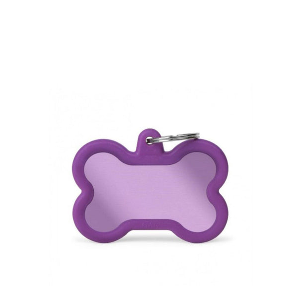 Placa ID My Family Hueso Goma Violeta en Aluminio | Accesorios Perros | Anipet Colombia