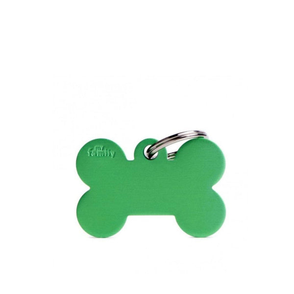 Placa ID My Family Hueso Grande Verde en Aluminio | Accesorios Perros | Anipet Colombia