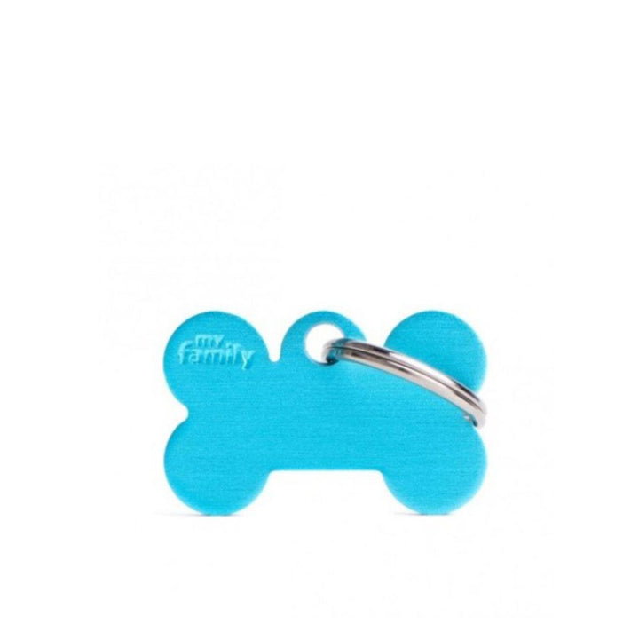Placa ID My Family Hueso Pequeño Celeste en Aluminio | Accesorios Perros | Anipet Colombia