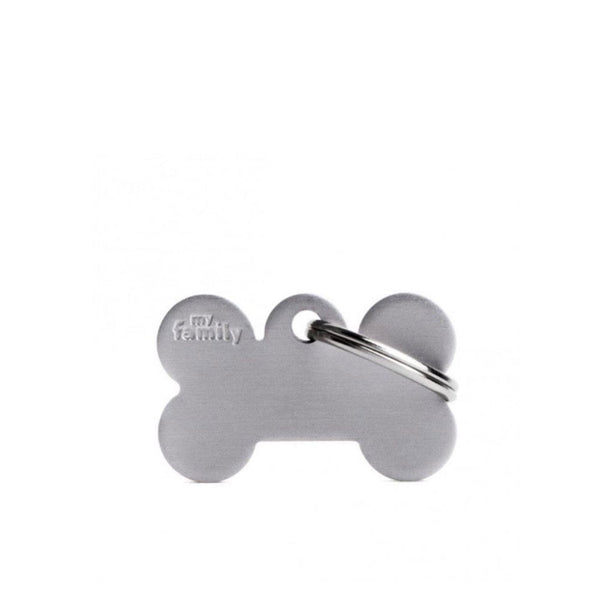 Placa ID My Family Hueso Pequeño Gris en Aluminio | Accesorios Perros | Anipet Colombia